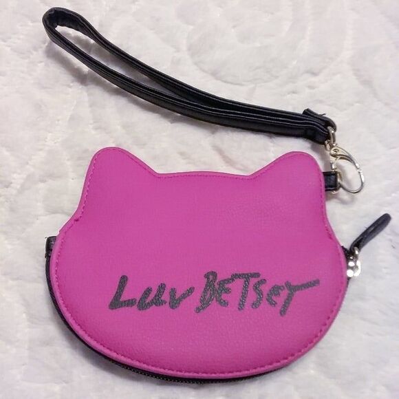 Luv Betsey Johnson Hot Pink Cat Face Wristlet Wallet Silver Glitter Eyebrows - Picture 3 of 6